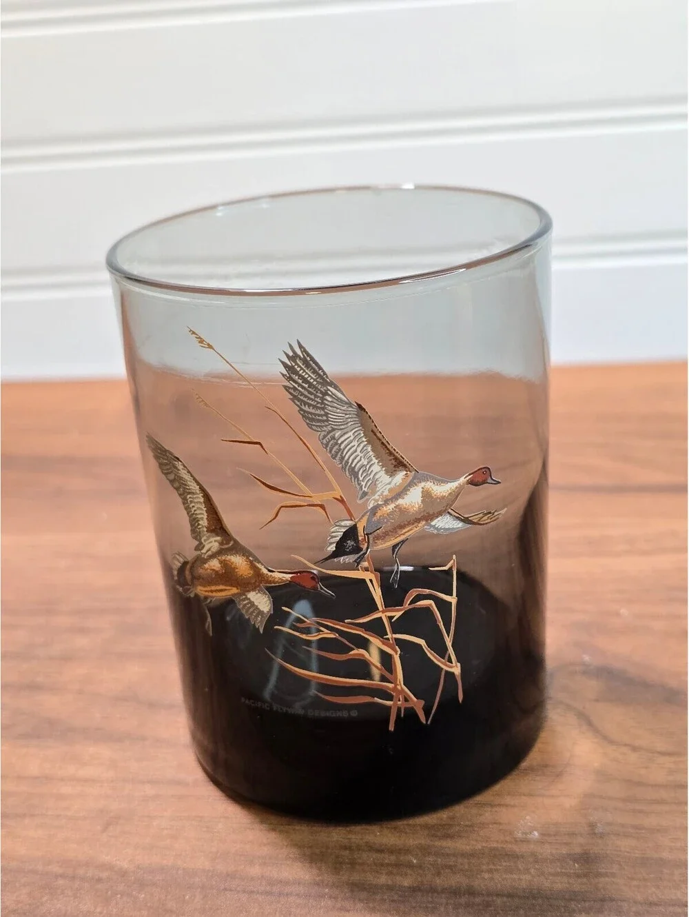 Vintage 1970s Smoked Glass Game Bird Tumblers 4 Pc Duck Pheasant Lowball